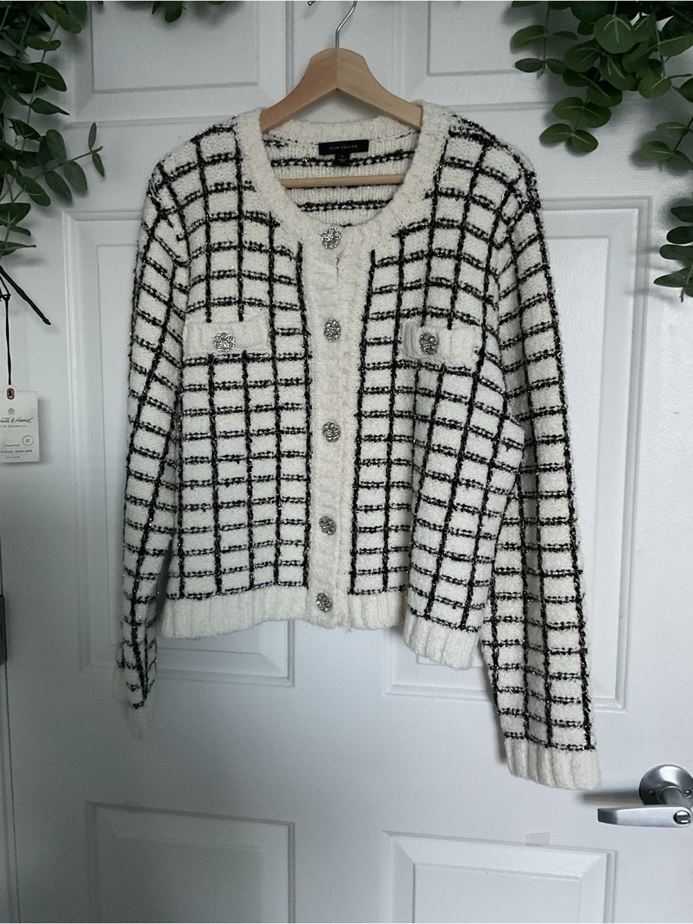 Ann Taylor Cream Knit Cardigan with Black Trim - Picture 2 of 6